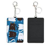 Blue Cute Cats ID Card Holder with Key Ring Bus Pass Holder for Men Women with 2 Card Slots Slim Wallet for Nurse Teacher Student Meal Bank Credit Cards Daily Use Delivery Driver Accessories