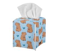 Blue Cute Hearts Capybara Tissue Box Holder Modern Decorative PU Leather Square Tissue Box Cover for Home Office Tissue Cube Organizer for Dining Table Nightstand