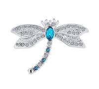 Blue CZ Simulated Sapphire Dragonfly Firefly Brooch Pin for Women Rhodium Plated Brass with Cubic Zirconia Garden Insect Motif