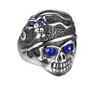 Blue CZ Skull Eye Ring for Men Gothic Punk Double Skull Head Ring Blue Crystal Skull Eye Jewellery, Stainless Steel, No Gemstone