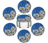 Blue Daisy Wood 6Pack Ceramic Drink Coasters,Quick-Absorb Stone Coasters with Anti-Slip Cork Backing & Metal Holder, Table Protectors for Kitchen Bar