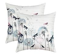 Blue Dandelion Pillow Cover for Living Room Couch Decor Rustic White Wooden Board Square Soft Throw Pillow Cover Flying Dragonfly Decorative Cushion Cover,Pack of 2,18"x18"