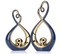 Blue Decor Accent, Porcelain Art Mid Century Modern Blue and Gold Decorations, Dining Table Objects, Abstract Ceramic Statue Sculpture - for Bookshelf Tv Stand Centerpiece Centro De Mesa