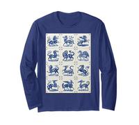 Blue Delft Mythical Animals Fantasy Mosaic Ornate Pattern Long Sleeve T-Shirt