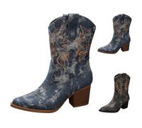 Blue Denim Cowboy Boots for Women,Women's Boots Chunky Heel Ankle Booties Shoes Mid Calf Cowgirl Boots with Embroidery Pointed Toe for Theme Party Country Concert Footwear UK 7.5