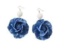 Blue Denim Flower Dangle Hook Statement Earrings Faux Pearl Ball Big Camellia Blossom Dangling Drop Golden Plated Fake Huggie Hoops Earring Boho Jewelry Gifts for Women Bride