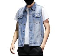 Blue Denim Gilet for Men,Retro Motorcycle Biker Punk Gilets,Solid Color Turndown Collar Sleeveless Button Thermal Bodywarmers Jacket,Men Autumn Winter Outdoor Warm Vintage Coat with Pockets M-5XL