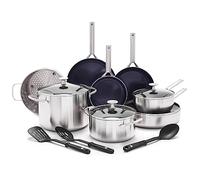 Blue Diamond 15-Piece Tri-Ply Stainless Steel Cookware Set, Healthy Ceramic Nonstick, Induction-Compatible Pots & Pans, PFAS & PFOA-Free, Dishwasher Safe, 600°F Oven Safe, Metal Utensil Safe, Silver
