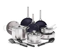 Blue Diamond Cookware Triple Steel Stainless Steel Ceramic Nonstick 15 Piece Cookware Pots and Pans Set,Includes Frying Pan,Skillets,Utensils,Tri-Ply,PFAS-Free,Multi Clad,Induction,Oven Safe,Silver