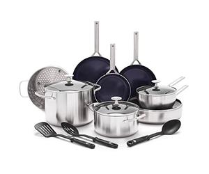 Blue Diamond Cookware Triple Steel Stainless Steel Ceramic Nonstick 15 Piece Cookware Pots and Pans Set,Includes Frying Pan,Skillets,Utensils,Tri-Ply,PFAS-Free,Multi Clad,Induction,Oven Safe,Silver