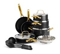 Blue Diamond Gold 14 Piece Cookware Pots and Pans Set, Induction Suitable, Diamond Infused PFOA & PFAS-Free Ceramic Nonstick, Durable Metal Utensil Safe, Dishwasher Safe, Gold Handle, Black