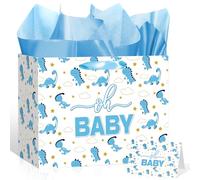 Blue Dinosaur Baby Shower Birthday Gift Bag Large Blue Dino Oh Boy Gift Bag with Tissue Paper Greeting Card Gold Stars Gender Reveal Decorations for Boys Baby Shower Newborns Birthday Party Supplies