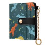 Blue Dinosaurs Leaves Print Small Women Wallet PU Leather RFID Blocking Bifold Compact Card Holder with Zipper Coin Pocket Purse for Women Ladies Girls