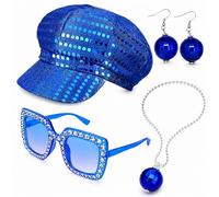 Blue Disco Costume Set for Women, Sequin Newsboy Hat & Jewelry | 4Pcs 70s retro set with rhinestone sunglasses and disco ball necklace. Perfect for ABBA hat themed parties and festivals