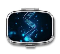 Blue DNA Structure Pill Box 2 Compartment, Portable Pill Case with Mirror for Pocket Purse Travel, Mini Metal Medicine Organizer for Vitamins Fish Oil