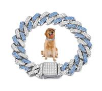 Blue Dog Chains,Diamond Dog Collar, Bling Glitter Rhinestone Dog Necklace Metal Choke Cuban Link Dog Collar, 14mm Wide Pet Jewelry For Puppy Small Medium Large Dogs (16inch)