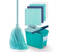 Blue Dolphin Mop with Folding Stick and Bucket Plus 4 Recycled Microfiber Cloths Sustainable Cleaning Set for Home Floors and All Surfaces