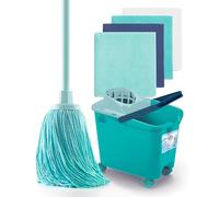 Blue Dolphin Mop with Folding Stick and Wheeled Bucket Plus 4 Recycled Microfiber Cloths Sustainable Household Cleaning Set for Floors and All Surfaces