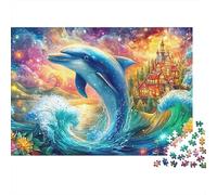 Blue Dolphin over Waves And Flowers 1000 Piece Jigsaw Puzzle Dolphin Theme Perfect Present for Boys, Girls, Men & Women 38x26cm/1000pcs