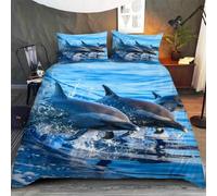 Blue Dolphin Single Duvet Cover Set Marine Animals Bedding 3D Soft Comfort Microfiber Quilt Cover 150x200 cm with Zipper Closure and 2 Pillowcases for Kids Teenager Adults K.26