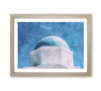 Blue Domed Church In Santorini Painting Modern Art Framed Print | A3 Oak Framed Wall Art | Ready to Hang | Modern Religious Picture | Living Room Bedroom Lounge Office