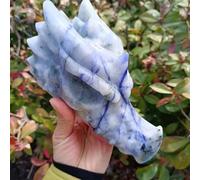 Blue Dongling Dragon Skull, Quartz Crystal Ore Carved Head, Stone, Decor Home Decor(Size:16-18cm about1.1kg)