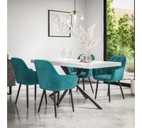 More4Homes Donni Dining Table And Chairs - White Marble Effect Table Top W Black Legs + Anika Velvet Dining Chair Set Of 4 (Blue)