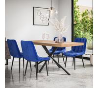 More4Homes Donni Dining Table And Chairs - Oak Effect Table Top W Black Legs + Nova Velvet Dining Chair Set Of 6 (Blue)