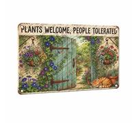 Blue Door Aluminum Metal Sign, Funny Sleeping Cat Wall Decor, Plants Welcome People Tolerated Retro Art for Garden, Patio, Backyard, Porch 12x16Inch