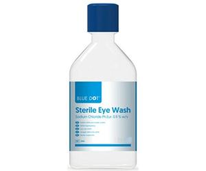 Blue Dot Sterile Eyewash Solution with Sterile Eye Pad - Saline Solution in Standard 500ml Bottles for Eye Wash Stations Or Free-Standing