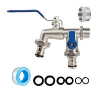 Blue Double Garden Tap, 2 Way Brass Outside Tap with Hose Connector, Dual Outlet Outdoor Water Tap, 1/2 Inch & 3/4 Inch Threaded for Garden Watering and Hose Pipe