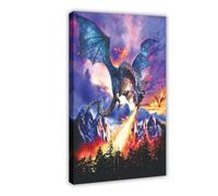 Blue Dragon Fire Mountain Canvas Poster for Dorm Room Decor Gift | Frame-style, Multiple sizes, Multiple frame styles, Wall Art, Decor Paintings, Office Decor