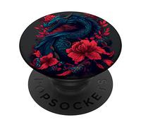 blue Dragon in red flowers On mystic background PopSockets Swappable PopGrip