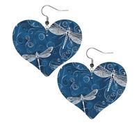 Blue Dragonfly Double-Sided Faux Leather Large Dangle Earrings for Women Heart-Shape Lightweight Spring Winter Decorative Earrings for Holiday Concert Party Decor Gifts