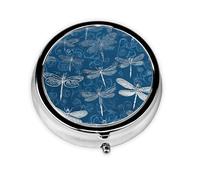 Blue Dragonfly Print Pill Box, Round Pill Organizer, 3 Compartment Small Pill Case for Purse & Pocket, Portable Medicine Box, Travel Pill Case