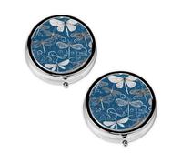 Blue Dragonfly Round Pill Box Compact 3 Compartment Metal Pill Organizer with Print Design, Portable Travel Medication Case for Daily
