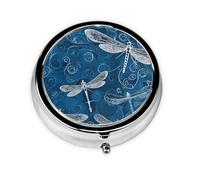 Blue Dragonfly Round Pill Box with 3 Compartments Compact Pocket Pill Organizer