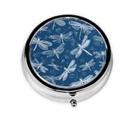 (Blue Dragonfly) Round Pill Box with 3 Compartments Small Portable Pill Organizer for Travel