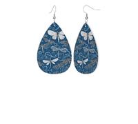 Blue Dragonflyprint Leather Earring Stylish Waterdrop Shaped Dangle Earrings With Double Sided Print, Pvc Leather 925 Silver Plated Hooks For Womenâ€™s Fashion Holiday Party Gift