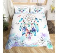Blue Dreamcatcher Net Duvet Cover Double Size,Watercolor Graffiti Ink Painting Style Comforter Cover for Adults Kids Bedroom Decor,Natural Plant Dandelion Bedding Set 2 Pillowcases,No Comforter