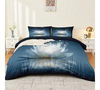 Blue Dreamy Illustration Duvet Cover Set, Double Size 200 x 200 cm, Water Surface Light Particles Floral Lotus Duvet Cover, Soft Breathable Comforter Microfiber Bedding Set with 2 Pillowcase
