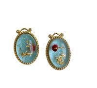 Blue Dried Flower Gold Foil Inlaid Earrings Oval Acrylic Dried Flower Earrings Women's French Retro Palace Style Jewelry