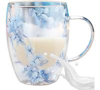 (Blue) Dried Flowers Glass Coffee Mug, 350ml Double Walled Clear Coffee Cup, Coffee Mug Built-in Selected Dried Flowers, Insulated Layer Flowers Glass