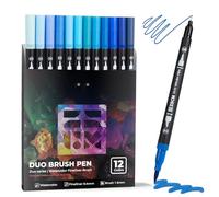 Blue Duo Tip Marker Pens, 12 Pack Fine & Brush Markers for Adult Colouring Books No Bleeding, Ocean Blue Markers for Sky & Sea Landscapes, Water Effects, Calming Mandalas and Journaling