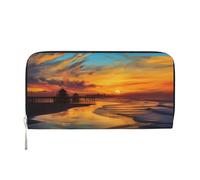 Blue Dusk Gold Sunset Leather Wallet For Women Girl, Zip Around Credit Card Holder Long Pu Wallet Clutch Purse Waterproof Travel Handbag