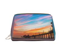 Blue Dusk Gold Sunset Print Makeup Bag, Cosmetic Bag,Women Pu Leather Cosmetic Bags with Wrist Strap Travel Toiletry Pouch Makeup Bag