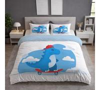 Blue Duvet Cover - King 220 x 230 - Soft Lightweight, Machine Washable, Fluffy, Non Iron, Versatile - Cartoon Dinosaur Skateboard Hat Bedding - Duvet Cover Sets For Bedroom