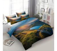 Blue Duvet Cover Reversible Natural Landscape Mountains Lakeside, Brushed Microfiber, Hypoallergenic, Zipper Closure, Bedding, King Size