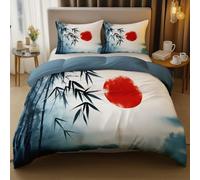 Blue Duvet Cover Set & Pillowcase - Traditional Oriental Ink Painting Soft Microfiber Bedding for 260 x 240 cm Kids, Boys & Girls, Lightweight, Breathable, Easy Care, Durable with Hidden Zipper