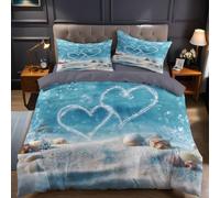 Blue Duvet Cover Sets Super King Size Two hearts on the beach Printed Bedding Set 3 Pcs Microfiber Soft Quilt Cover 260x220 cm & 2 Pillowcases 50x75 cm with Zipper Closure